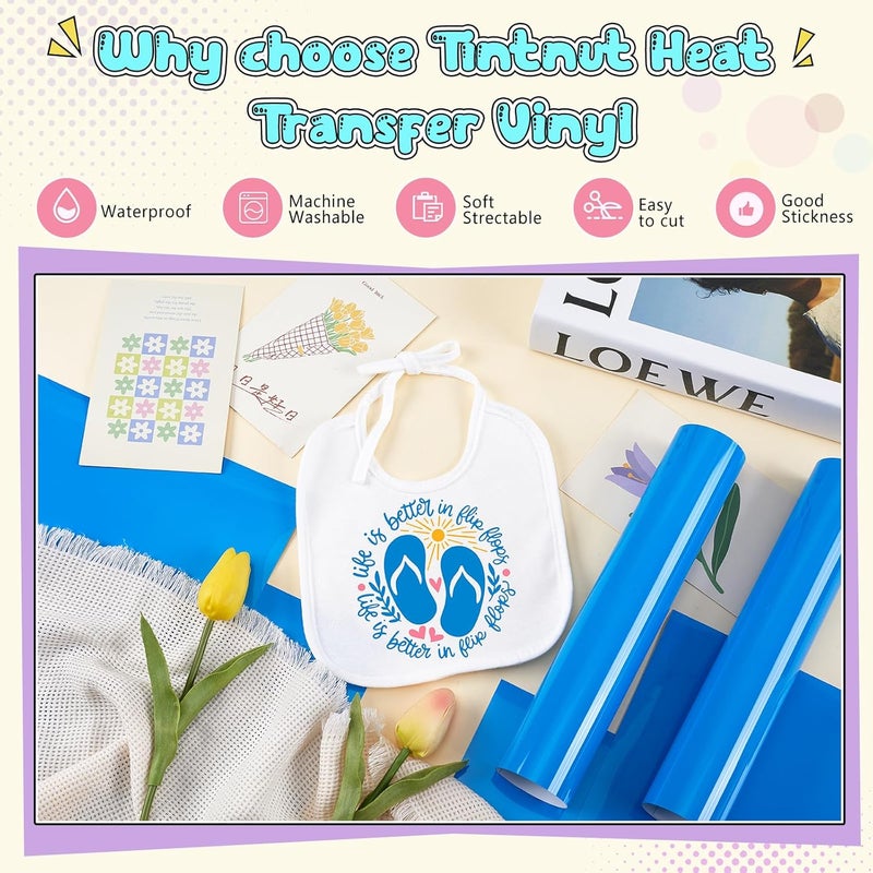 Tintnut Malibu Blue Color Heat Transfer Vinyl -6 Sheets 12"x10" Bright Color Iron on Vinyl for T-Shirts Clothing Bags HTV Vinyl for All Cutting Machine - Image 3